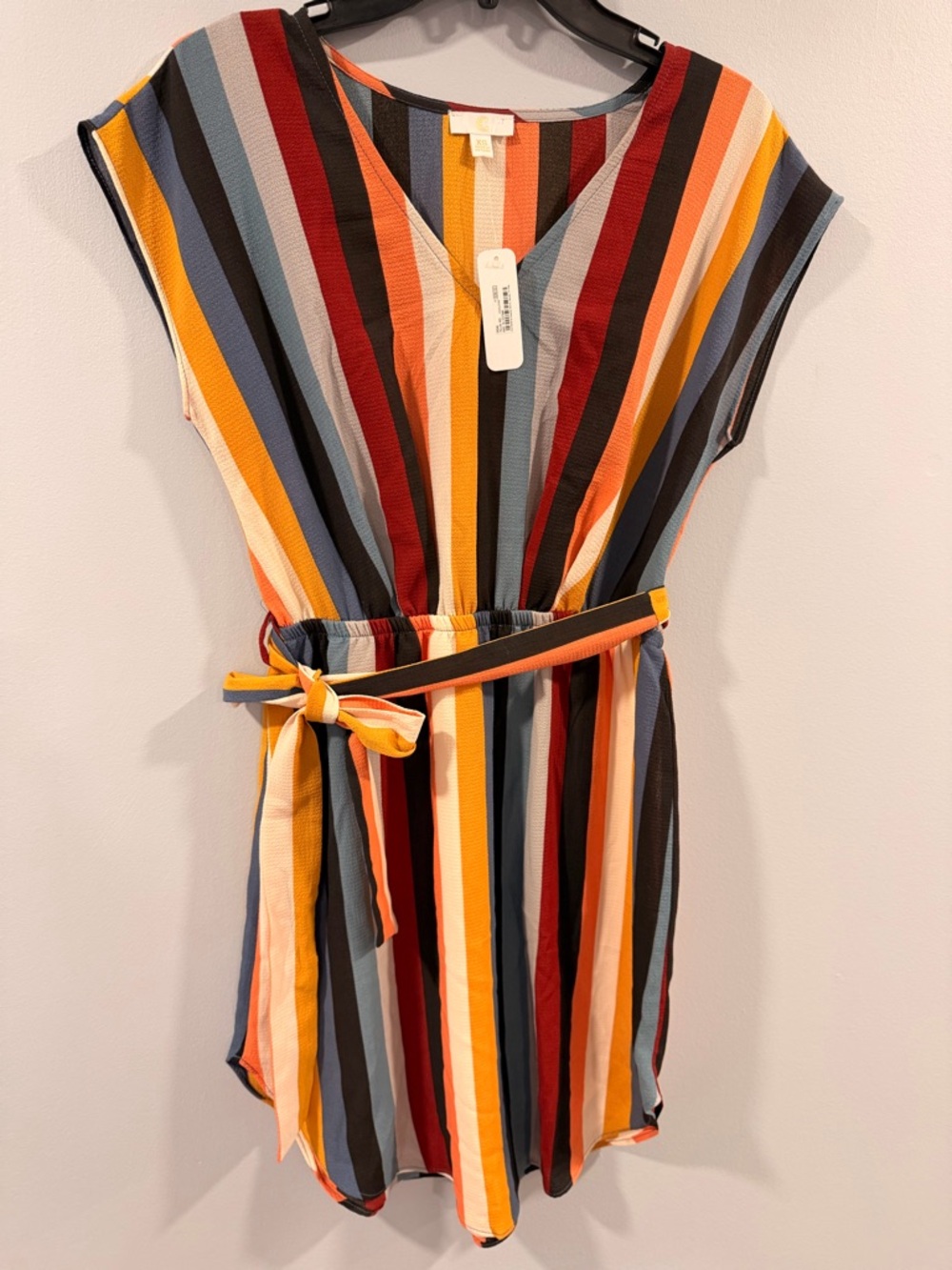 Multicolor Striped V-Neck Belted Women's Dress